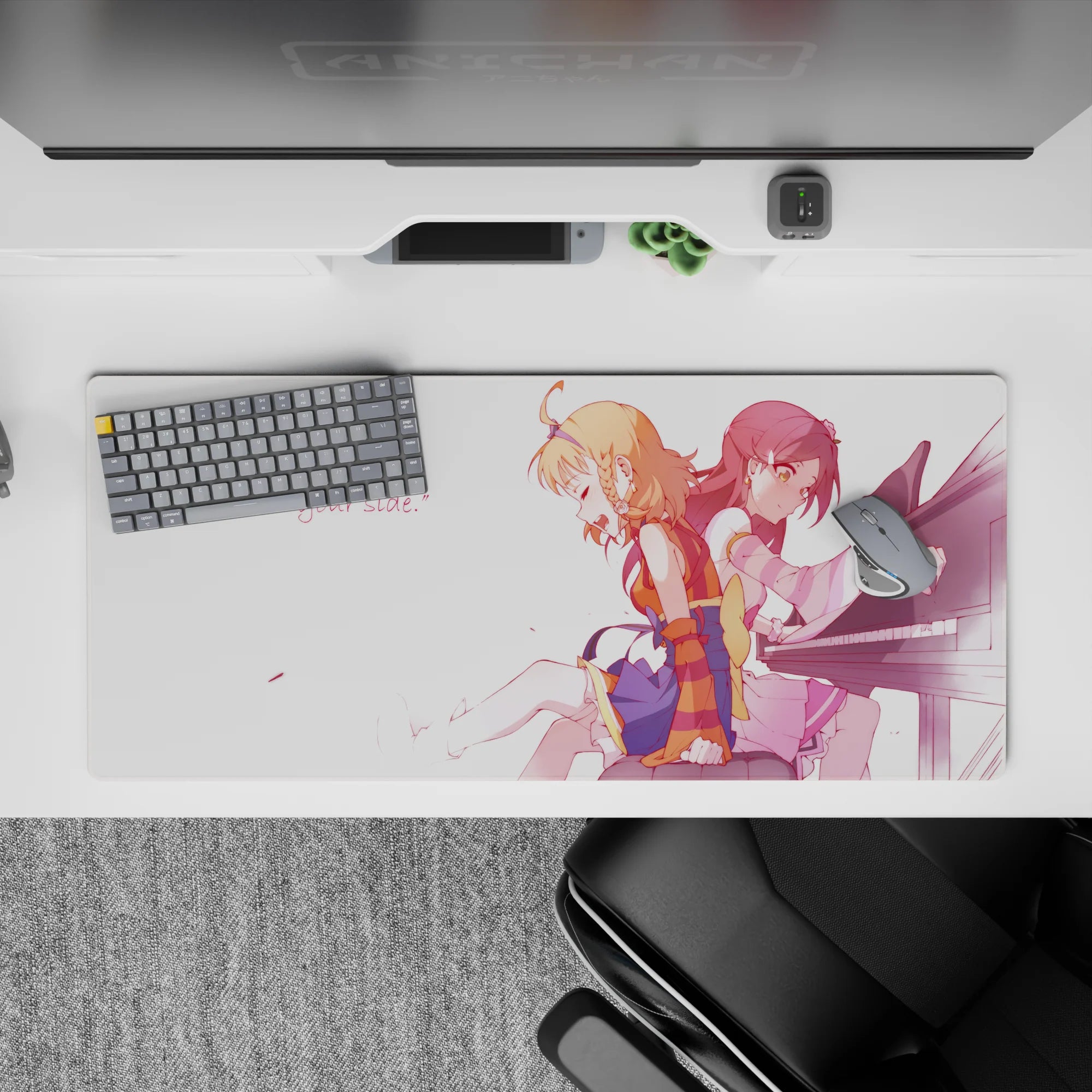 Soft pink anime desk pad 36x16 inches, peach and crimson hair, clean white space, cozy bittersweet vibe.