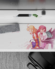 Soft pink anime desk pad 36x16 inches, peach and crimson hair, clean white space, cozy bittersweet vibe.