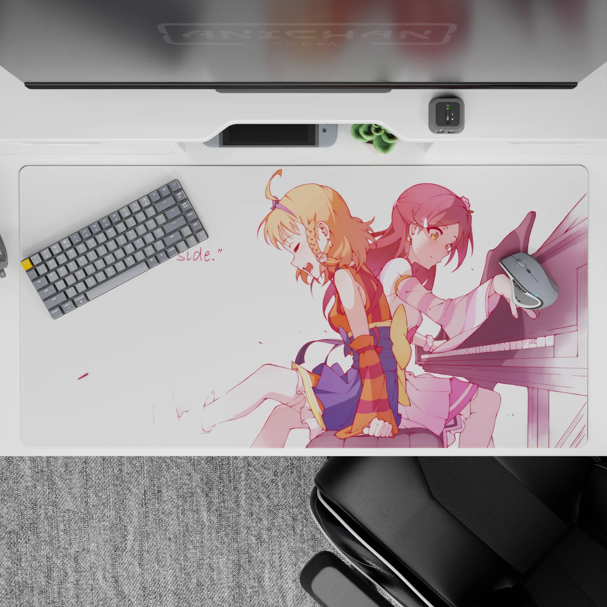 Soft pink anime desk pad 40x20 inches with peach and crimson hair, cozy bittersweet piano mood.