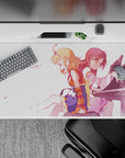 Soft pink anime desk pad 40x20 inches with peach and crimson hair, cozy bittersweet piano mood.