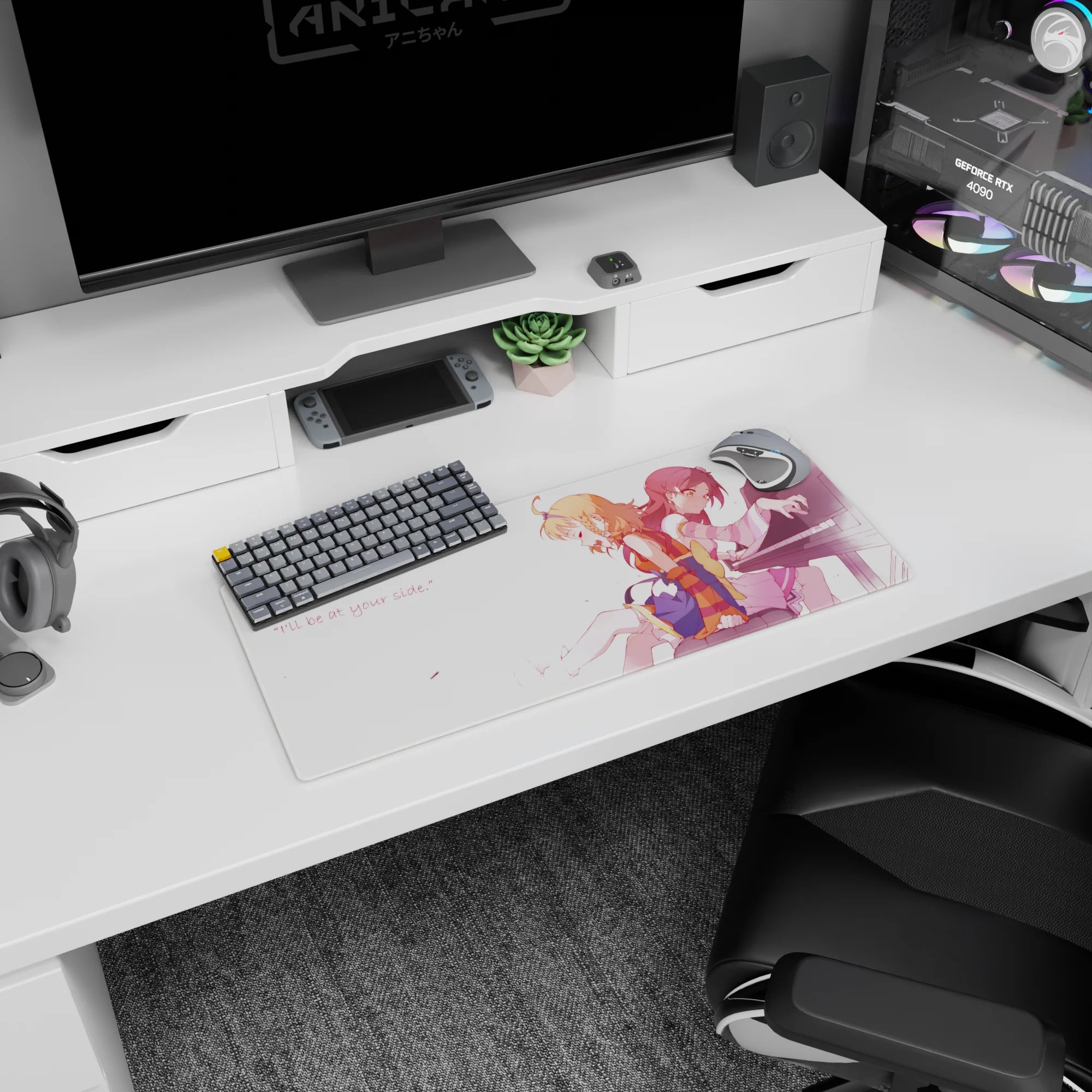 Anime girl mouse pad 28x12 inches showing peach-haired girl with braid beside crimson-haired pianist.