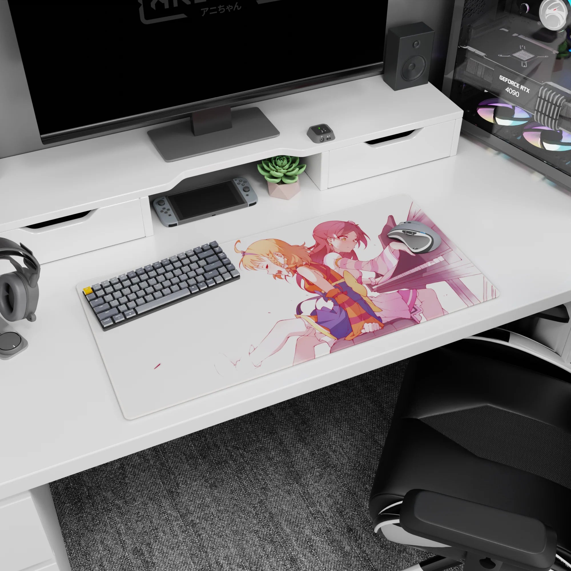 Anime girl mouse pad 32x16 inches showing peach-haired girl with braid beside red-haired pianist in pale dress.