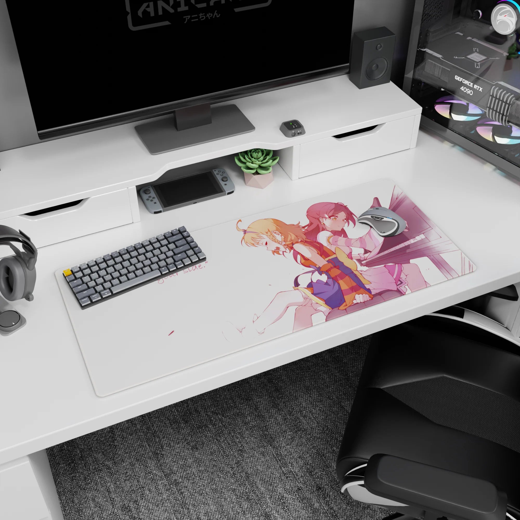 Anime desk pad 36x16 inches showing peach-haired girl with braid beside red-haired pianist in pale dress.