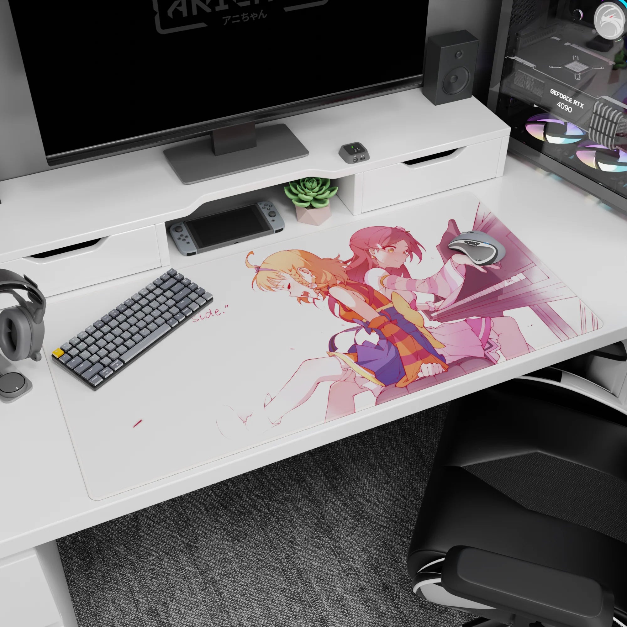 Anime girl desk pad 40x20 inches showing peach-haired girl with braid beside crimson-haired pianist on bench.
