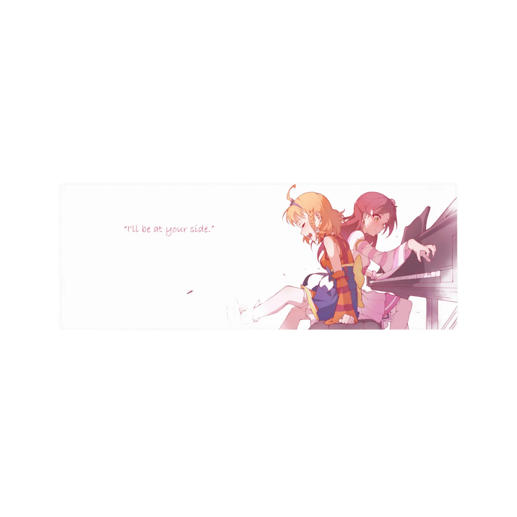 32x12 inches anime girl mouse pad with two girls at a piano, petals, and I’ll be at your side quote.