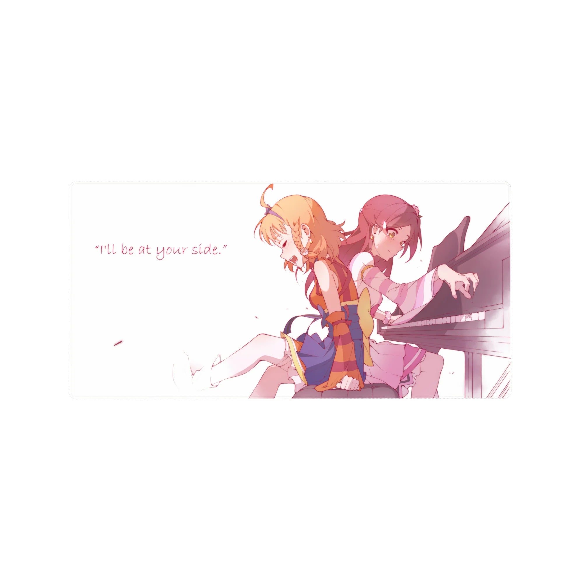Anime girl mouse pad 32x16 inches with two girls at a piano bench, petals, and I’ll be at your side text.