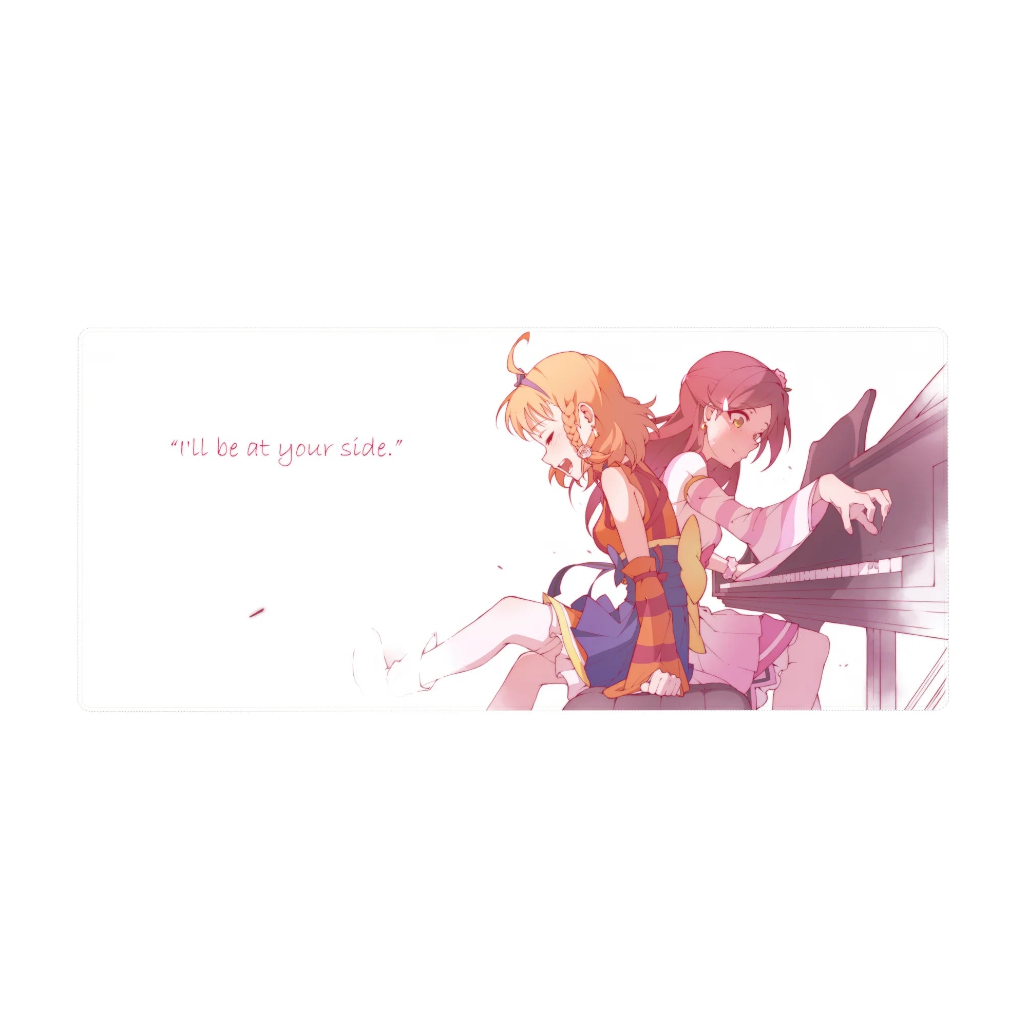 Anime girl desk pad 36x16 inches with two girls at a piano bench, petals, and I’ll be at your side text.