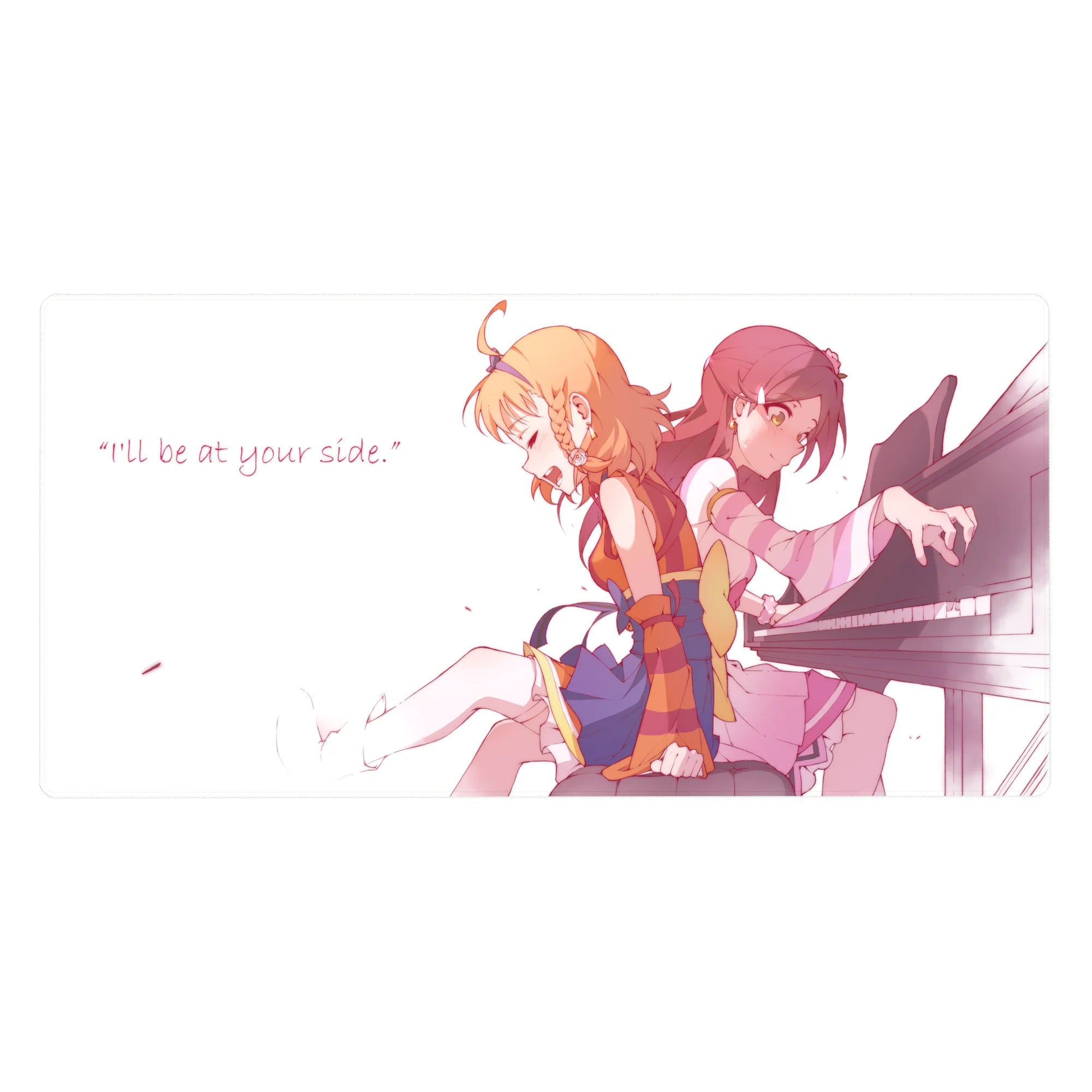 Anime girl desk pad 40x20 inches with two girls at piano, petals on white, quote and soft pink glow.
