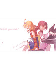 Anime girl desk pad 40x20 inches with two girls at piano, petals on white, quote and soft pink glow.