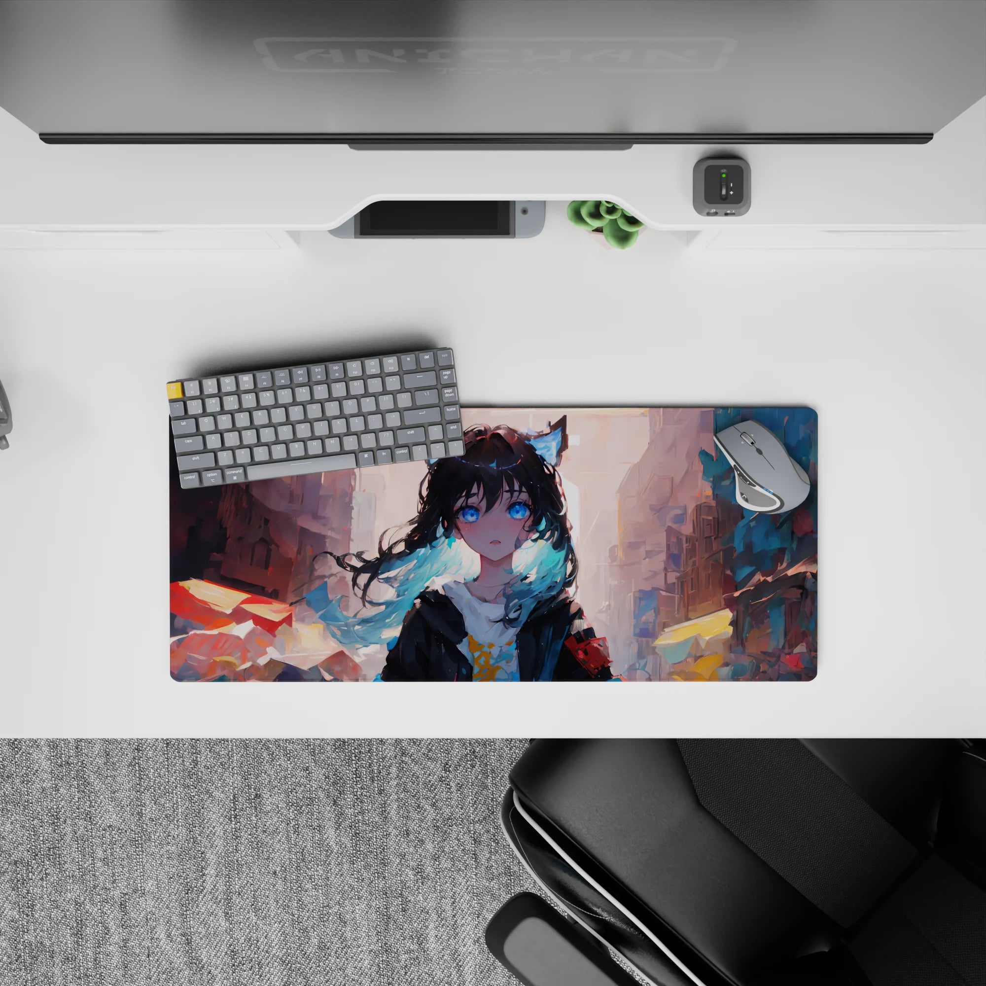 Anime girl mouse pad 28x12 inches in sunset pastels, warm orange and cool blue alley glow, dreamy vibe.