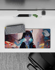 Anime girl mouse pad 28x12 inches in sunset pastels, warm orange and cool blue alley glow, dreamy vibe.