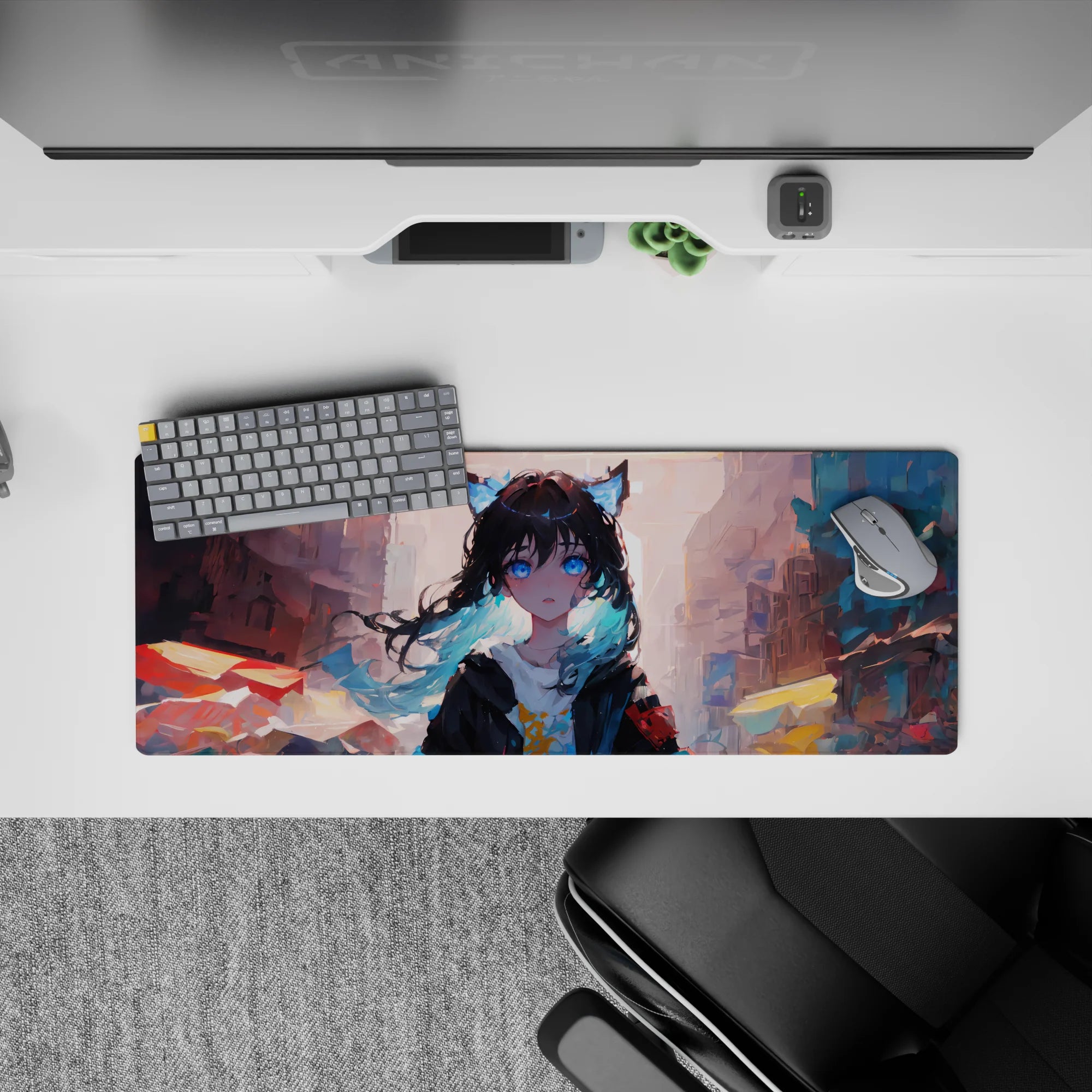 32x12 inches anime girl desk mat in sunset pastels, teal tips, warm oranges and cool blues, dreamy mood.