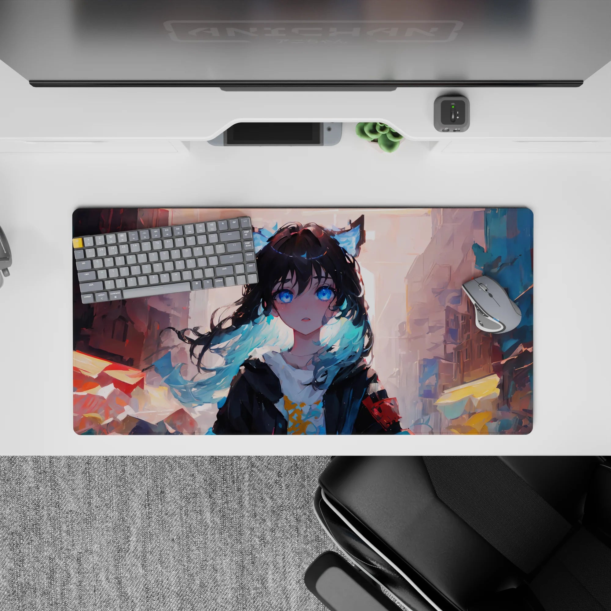 Pastel sunset alley mood on anime girl mouse pad 32x16 inches, warm oranges and cool blues with teal waves.