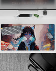 Pastel sunset alley mood on anime girl mouse pad 32x16 inches, warm oranges and cool blues with teal waves.