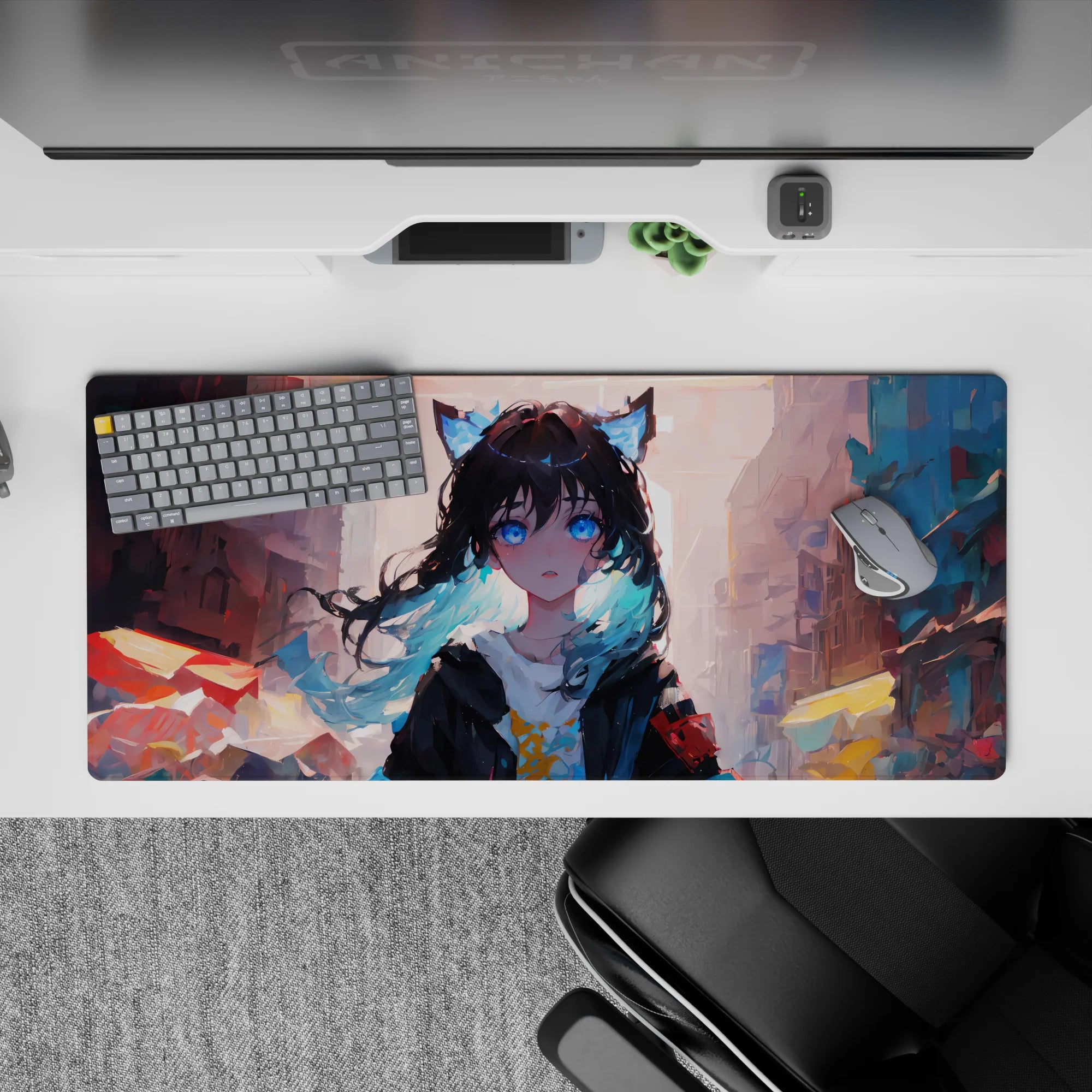 36x16 inches anime desk pad in sunset pastels—warm oranges and cool blues, dreamy alley vibe, smooth glide.