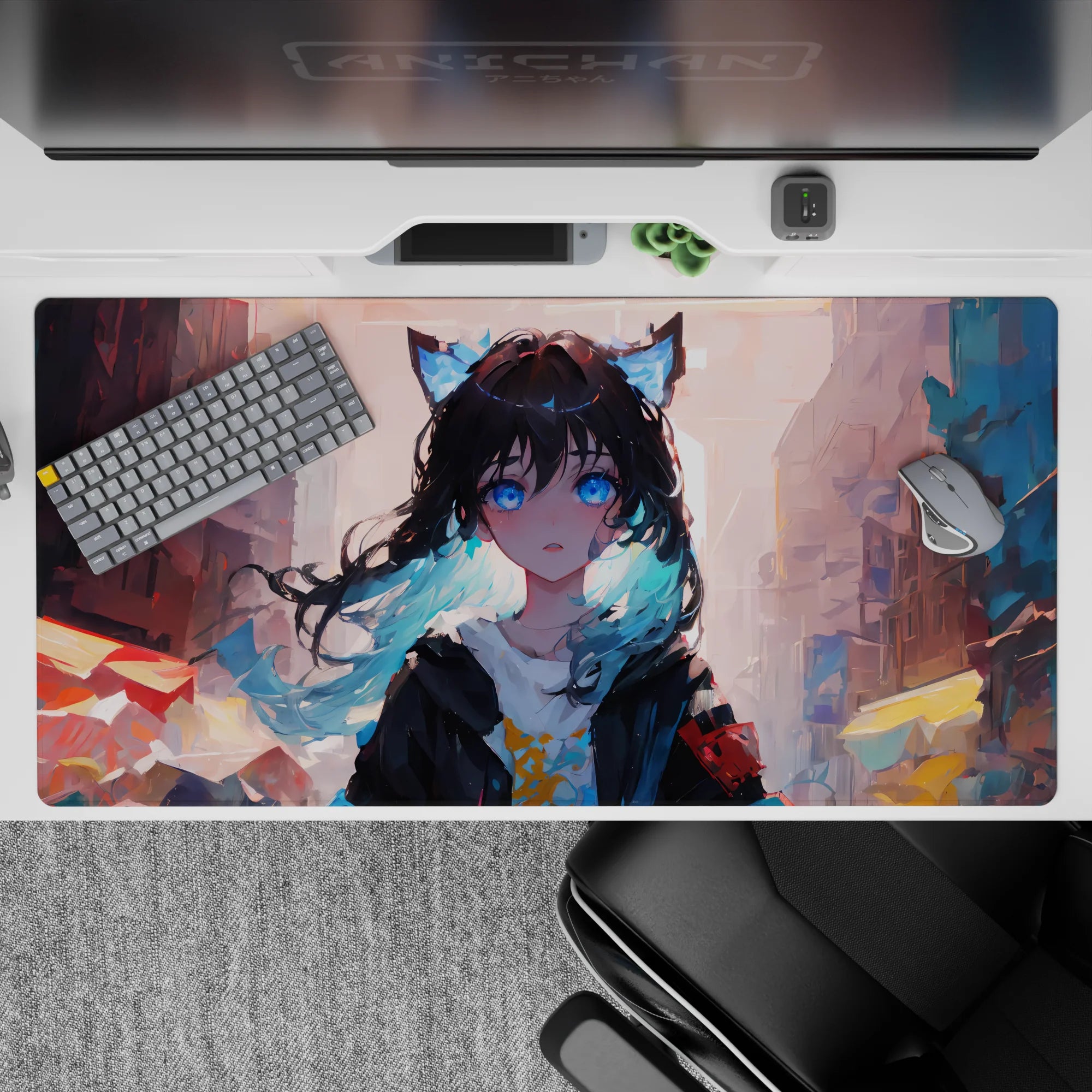 Pastel sunset anime desk pad 40x20 inches in warm oranges and cool blues, dreamy alley vibe, smooth glide.