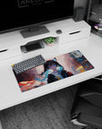 Anime girl mouse pad 28x12 inches showing wide-eyed cat-ear girl, electric blue eyes, messy black hair.