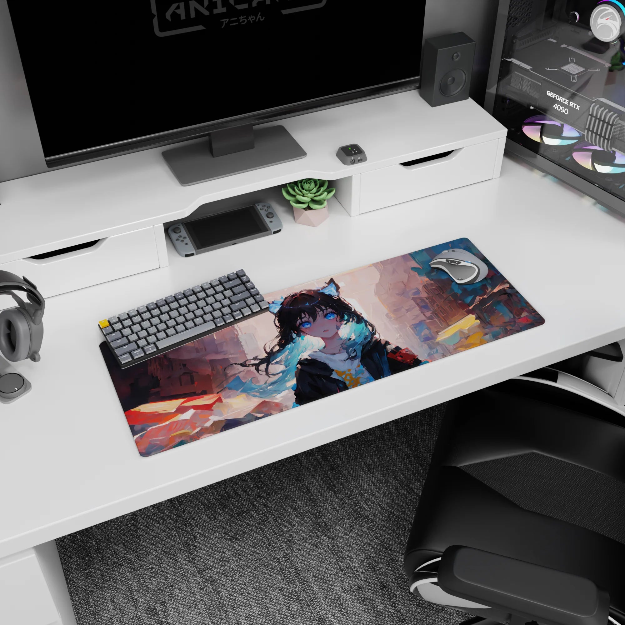 Wide-eyed cat-ear anime girl on 32x12 inches mouse pad, oversized hoodie, blush, alley city blocks at dusk.