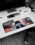 Wide-eyed cat-ear anime girl on 32x12 inches mouse pad, oversized hoodie, blush, alley city blocks at dusk.