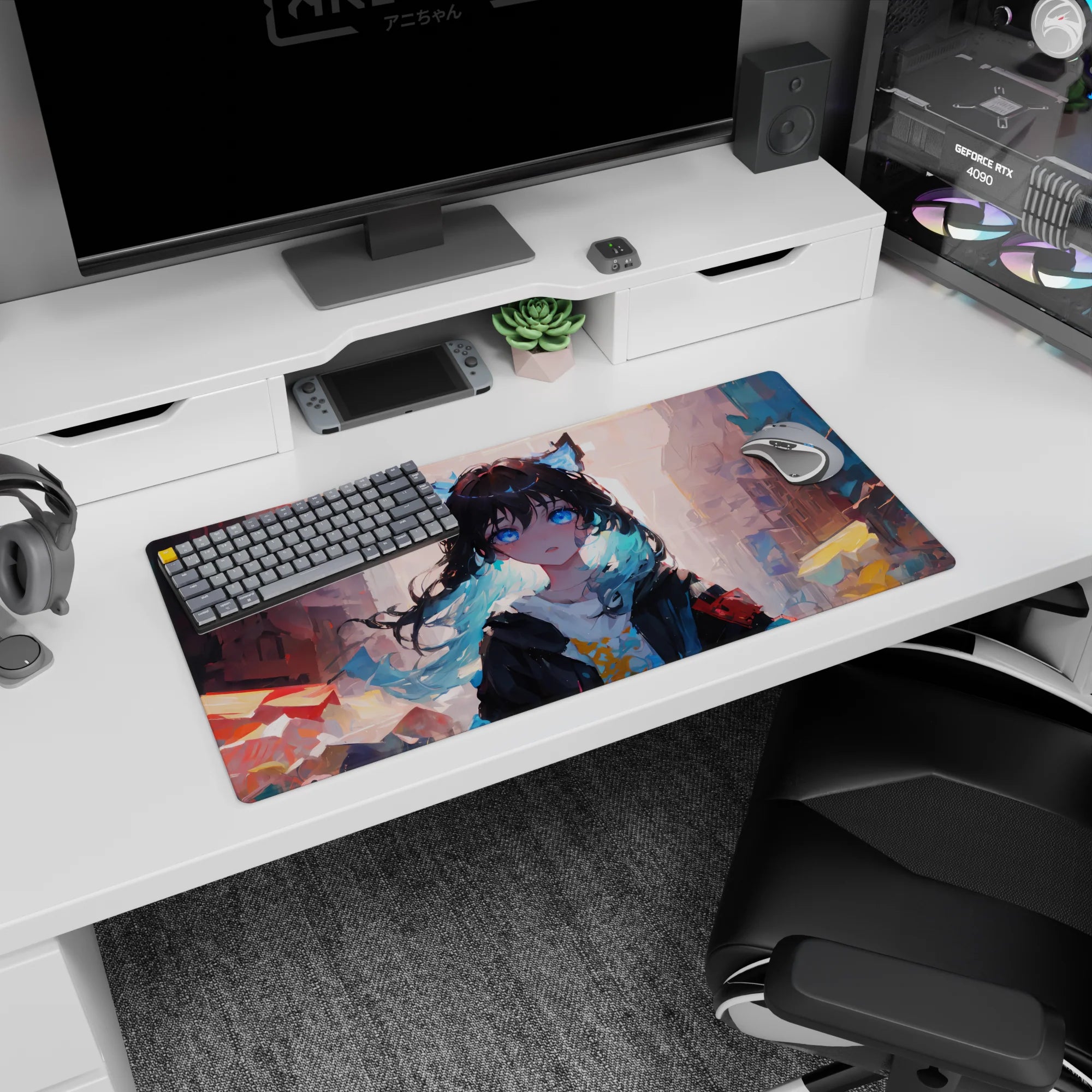 Wide-eyed cat-ear anime girl in oversized hoodie on mouse pad 32x16 inches, dreamy city blocks behind her.