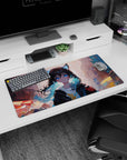 Wide-eyed cat-ear anime girl in oversized hoodie on mouse pad 32x16 inches, dreamy city blocks behind her.