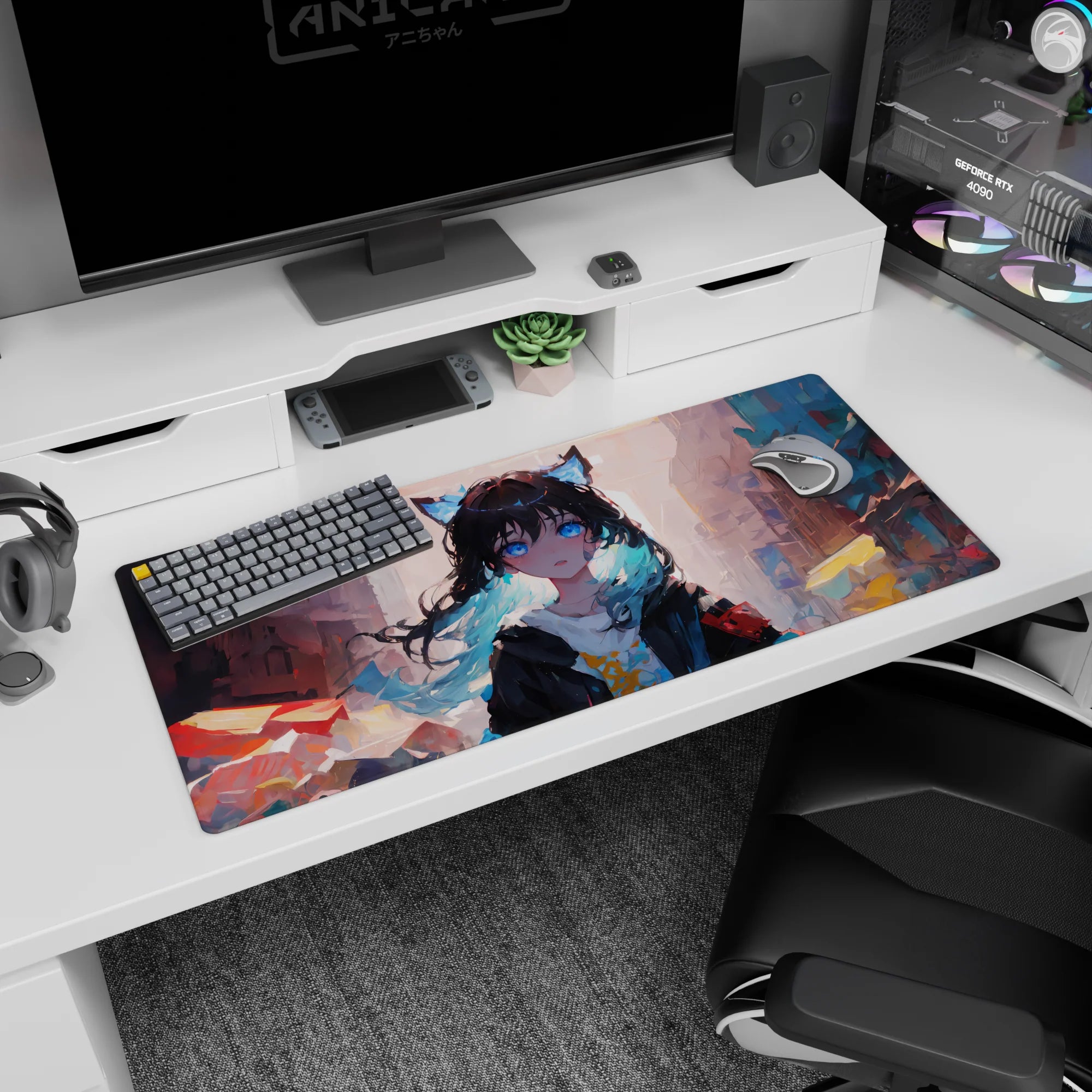 36x16 inches desk pad showing wide-eyed cat-ear girl in oversized hoodie, teal-tipped waves, city blocks behind.