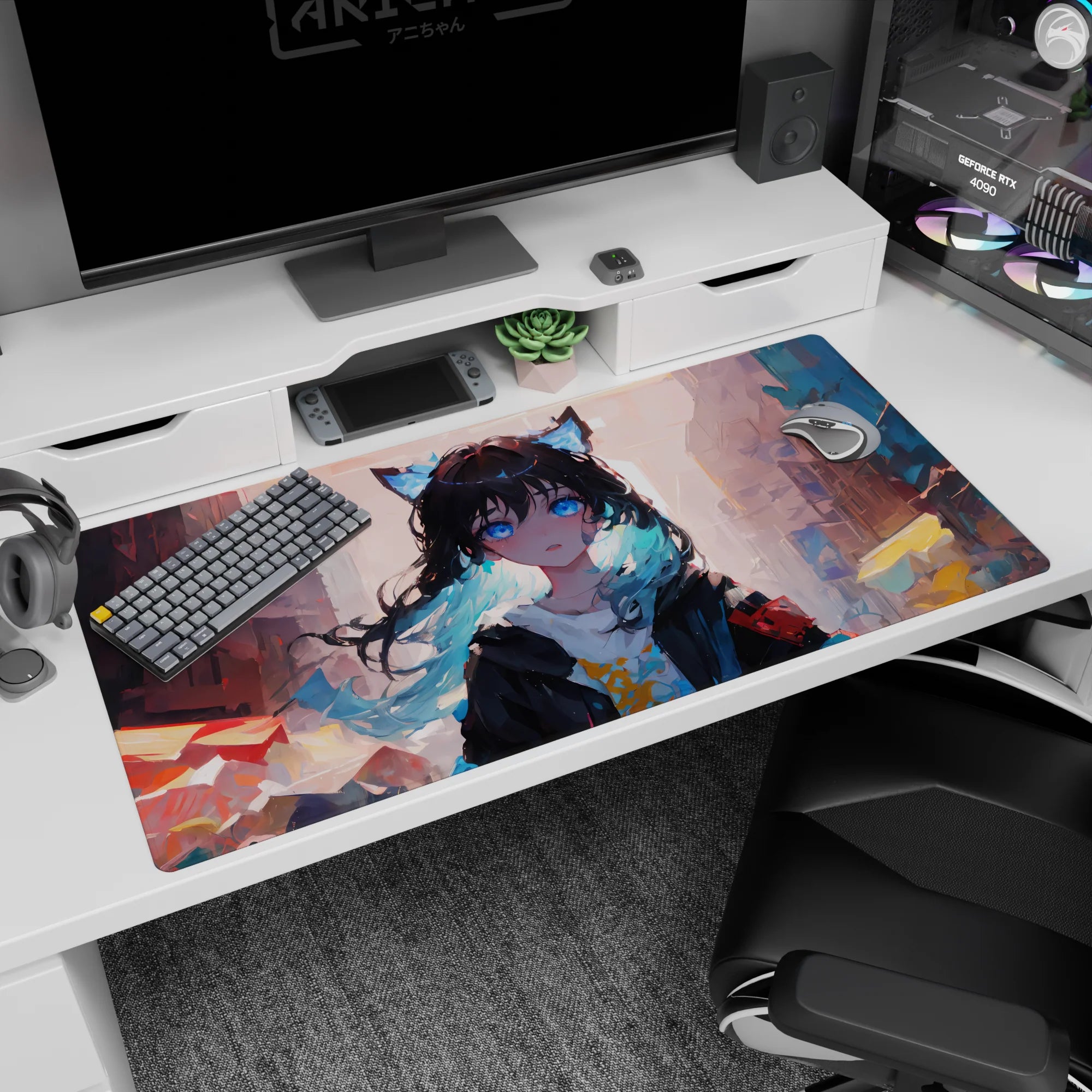 Cat-ear anime girl in oversized hoodie desk pad 40x20 inches, teal-tipped hair, electric blue eyes in city scene.