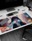 Cat-ear anime girl in oversized hoodie desk pad 40x20 inches, teal-tipped hair, electric blue eyes in city scene.