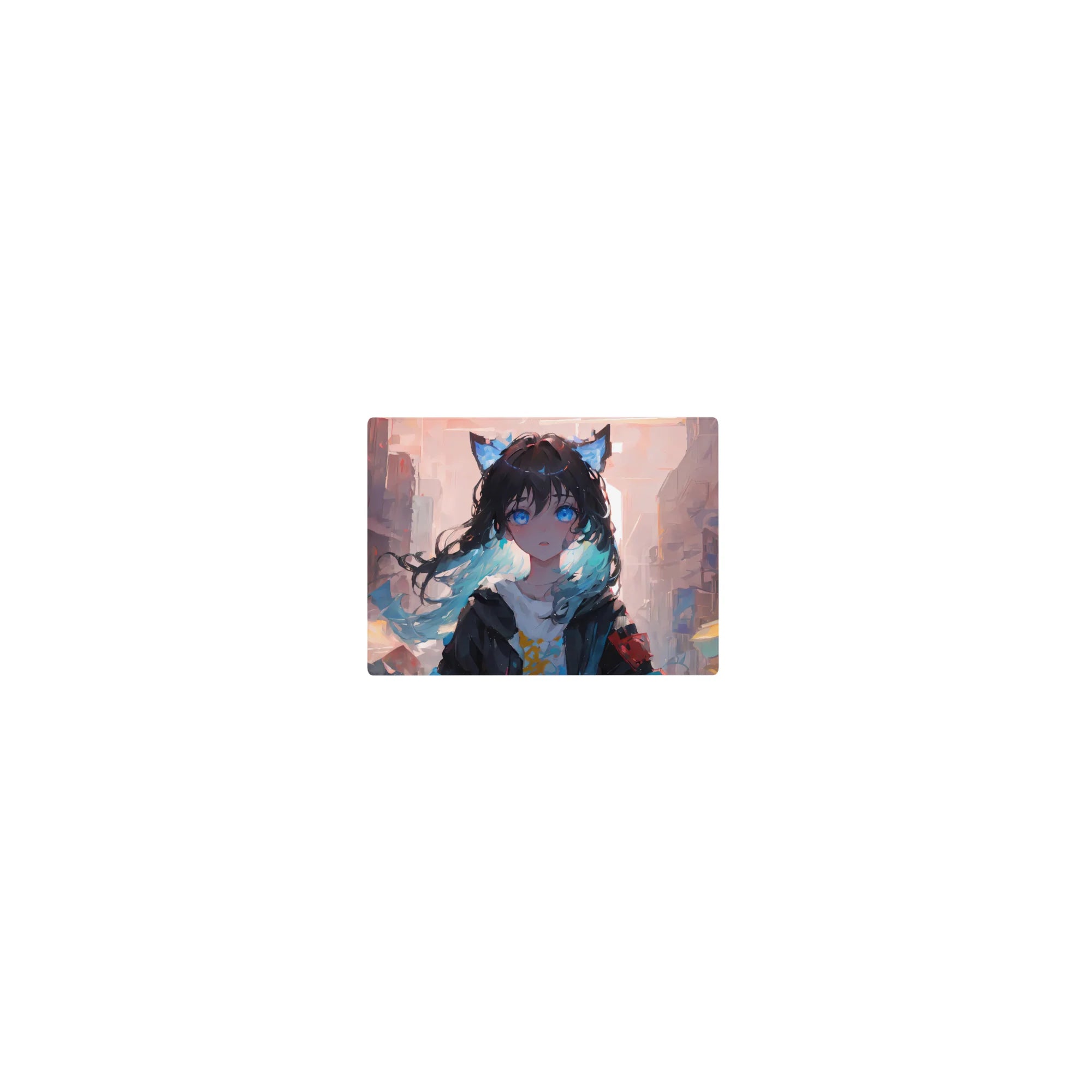 14x10 inches classic anime girl mouse pad with cat-ear cutie, teal-tipped hair, pastel city backdrop.