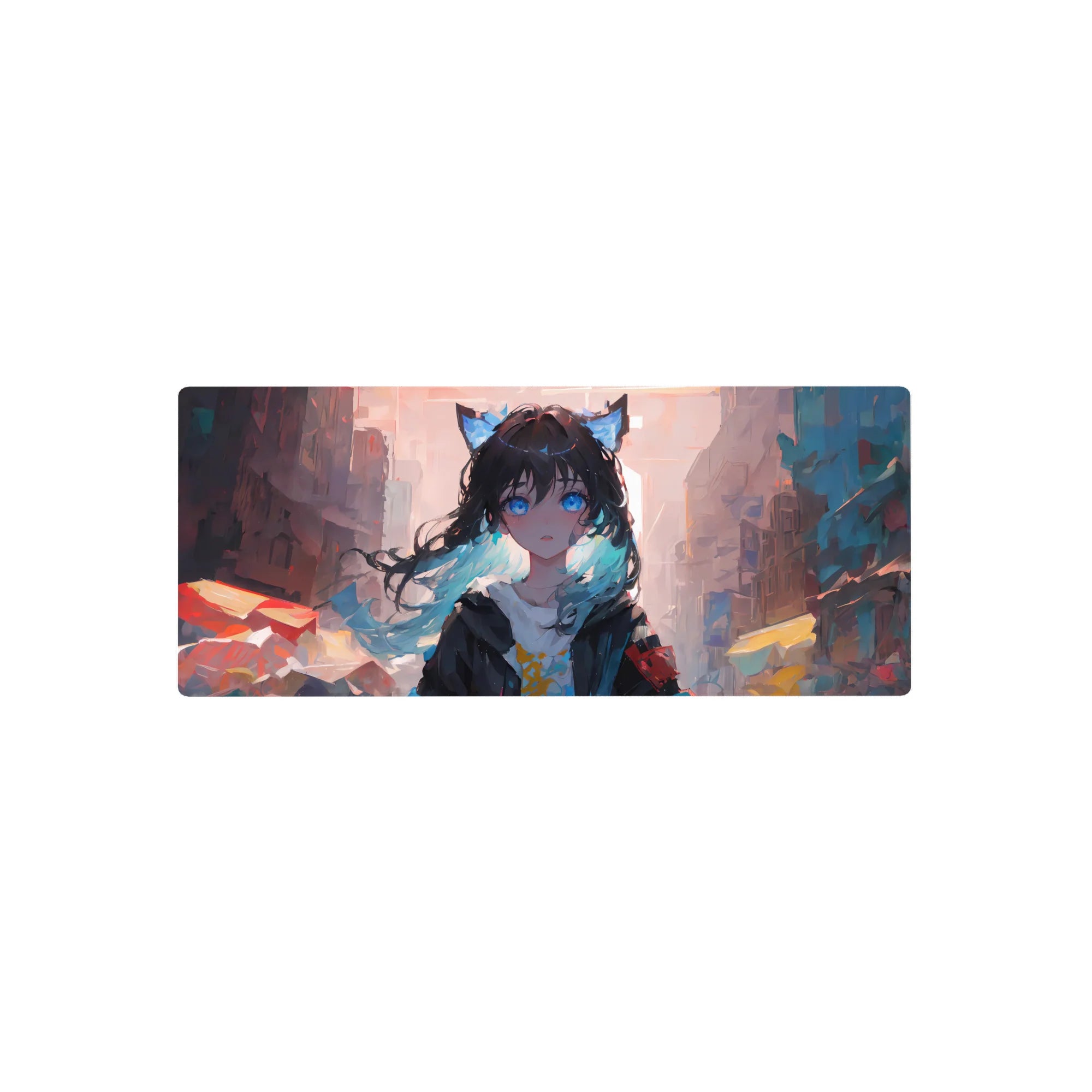 Anime girl mouse pad 28x12 inches with cat-ear cutie, teal-tipped hair, hoodie, pastel city backdrop.