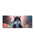 Anime girl mouse pad 28x12 inches with cat-ear cutie, teal-tipped hair, hoodie, pastel city backdrop.