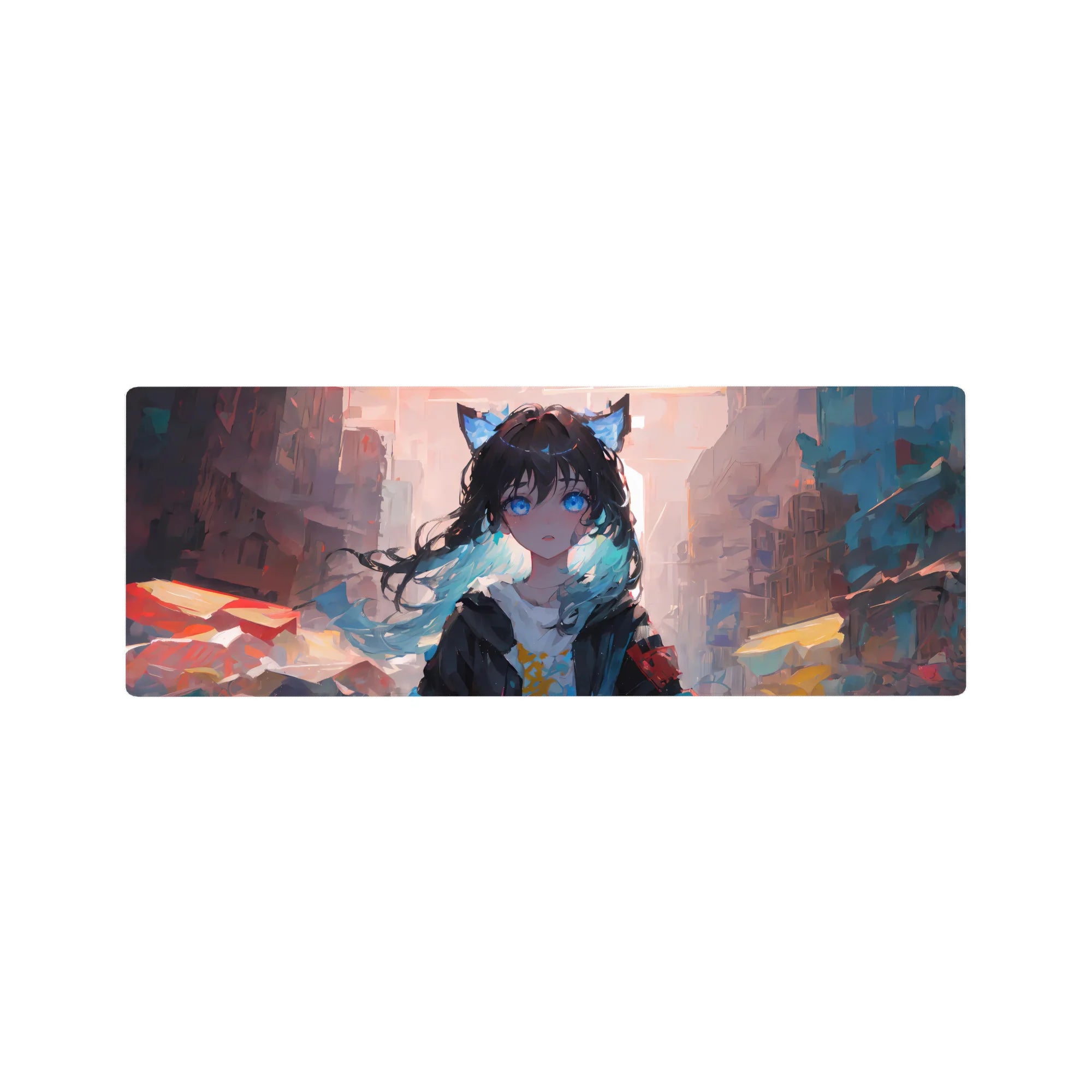 Anime girl mouse pad 32x12 inches with cat-ear cutie, blue eyes, messy black hair, pastel city backdrop.