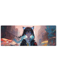 Anime girl mouse pad 32x12 inches with cat-ear cutie, blue eyes, messy black hair, pastel city backdrop.