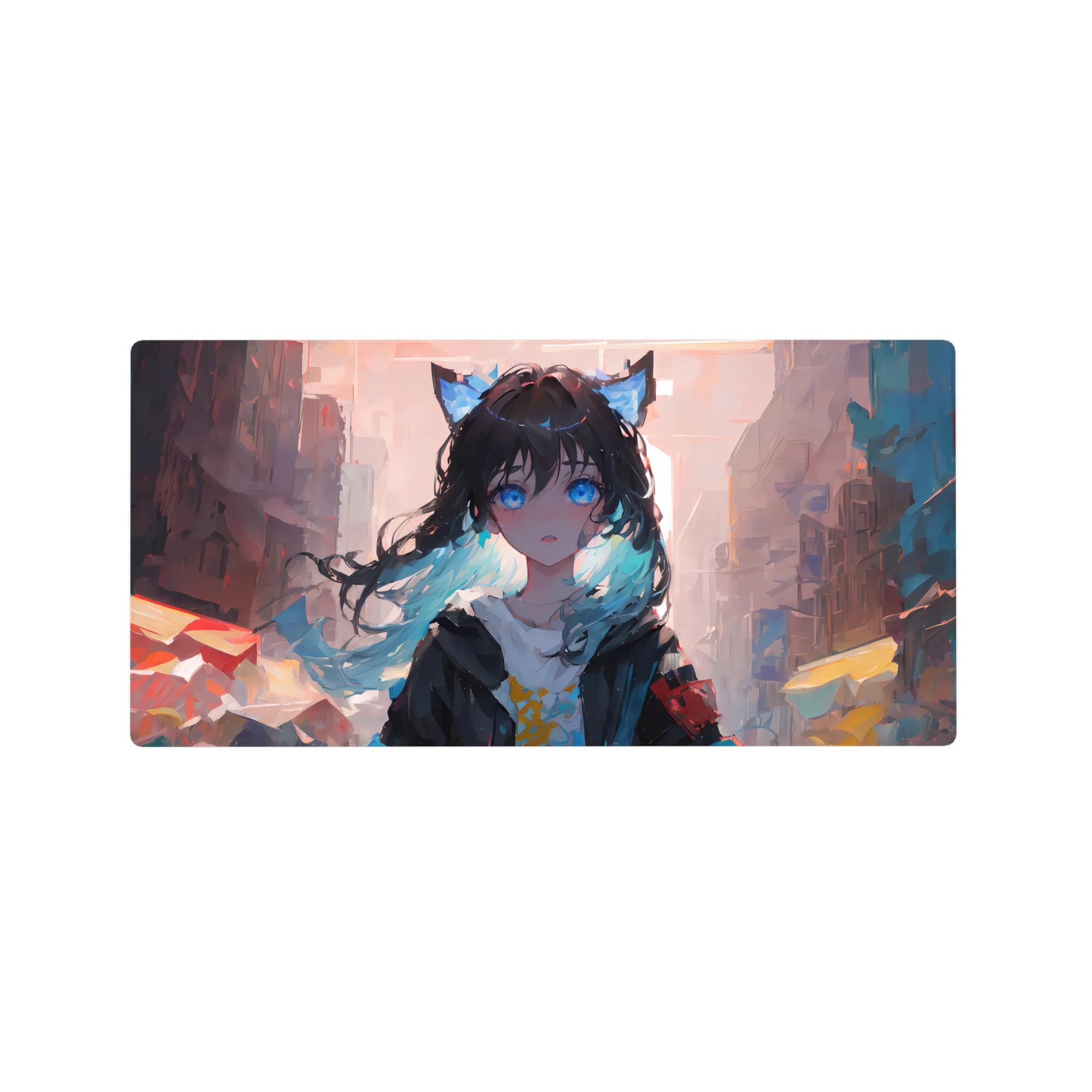 Anime girl mouse pad 32x16 inches with cat-ear cutie, blue eyes, messy black hair, pastel city backdrop.