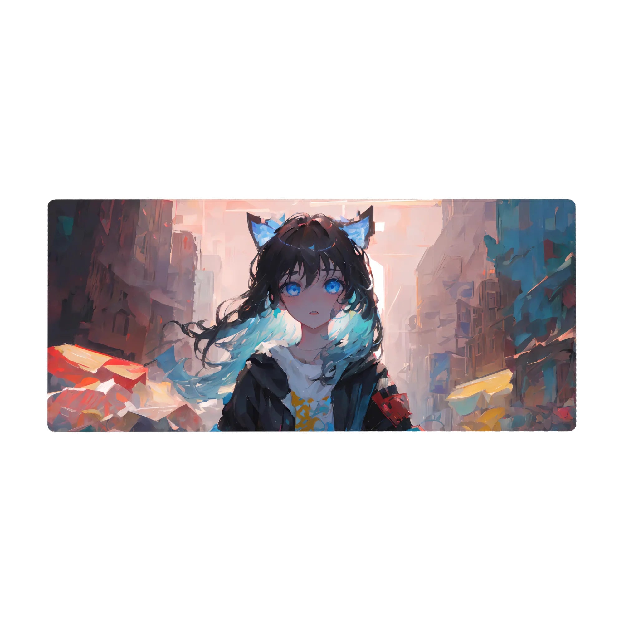 36x16 inches anime girl desk pad with cat-ear cutie, blue eyes, messy black hair, pastel city backdrop.