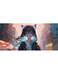 36x16 inches anime girl desk pad with cat-ear cutie, blue eyes, messy black hair, pastel city backdrop.