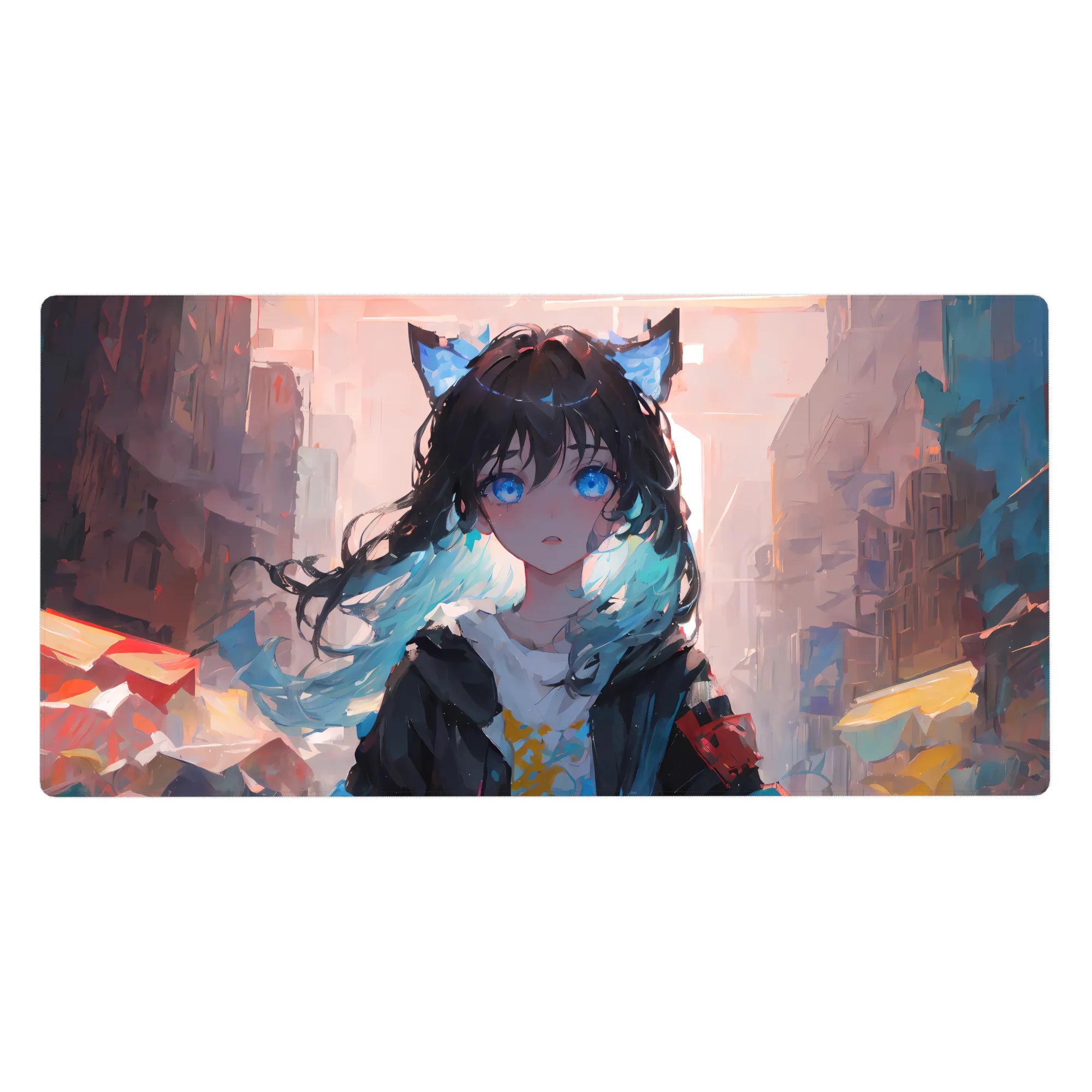 Anime girl desk pad 40x20 inches with cat-ear cutie, blue eyes, messy black hair, pastel city backdrop.
