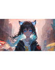 Anime girl desk pad 40x20 inches with cat-ear cutie, blue eyes, messy black hair, pastel city backdrop.