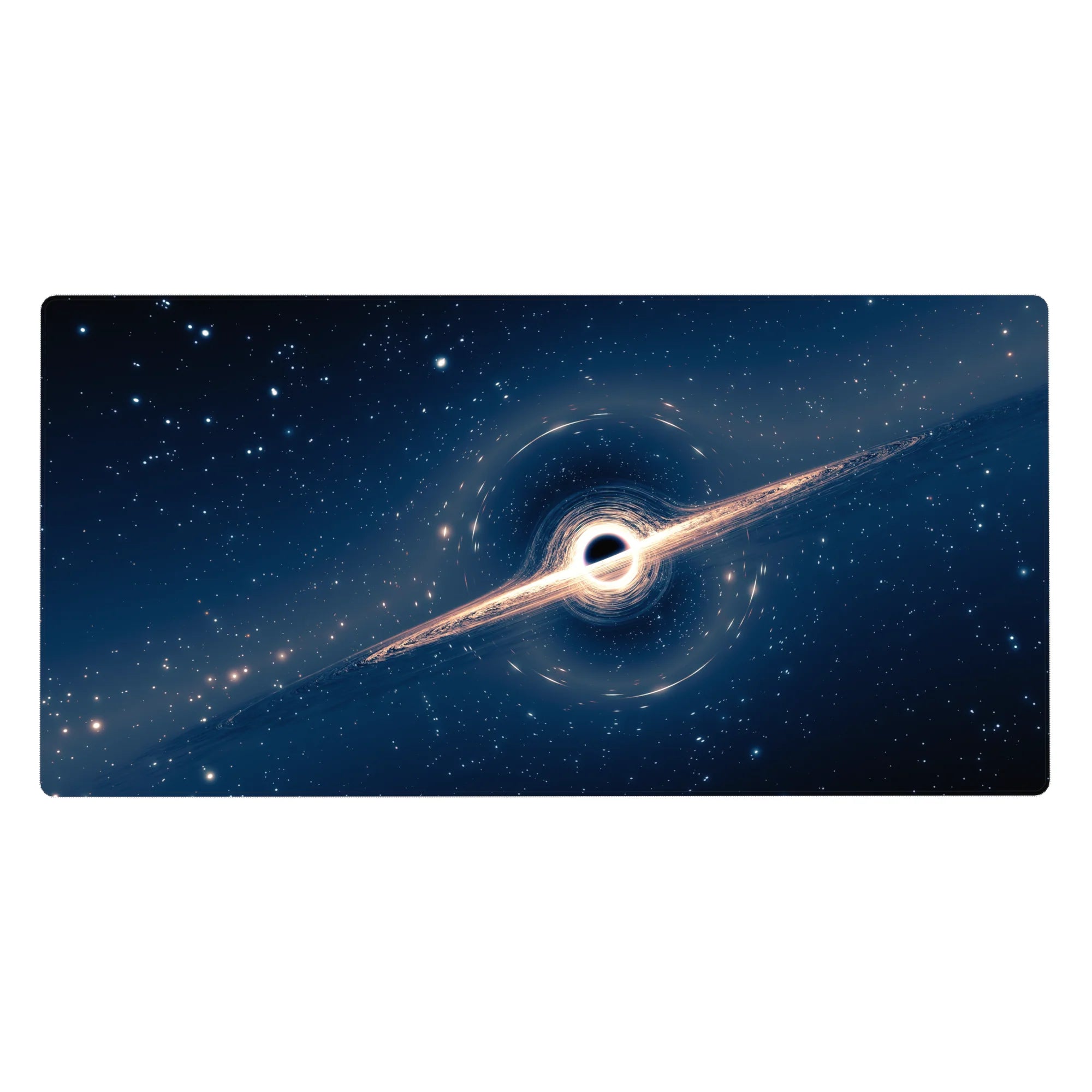 Cosmic black hole desk pad 40x20 inches with swirling navy sky, glowing ring, and smooth surface for workspace.