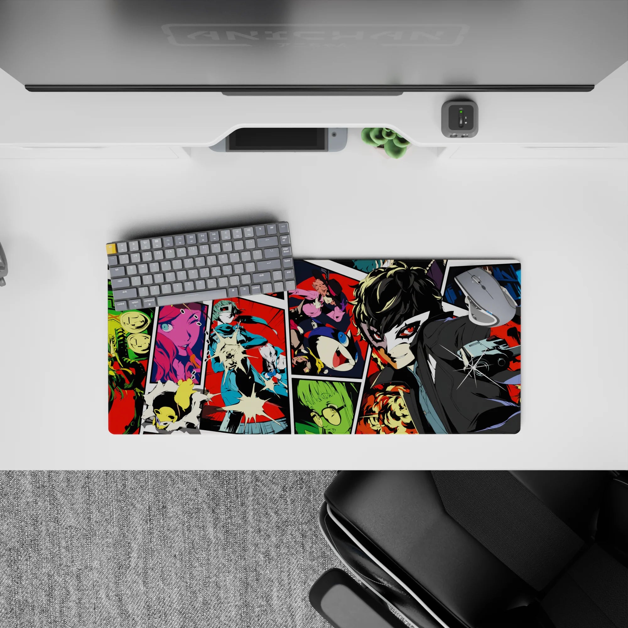 Persona 5 mouse pad featuring Joker, Mona, and Futaba in dynamic comic style, 28x12 inches, vibrant colors and energy.