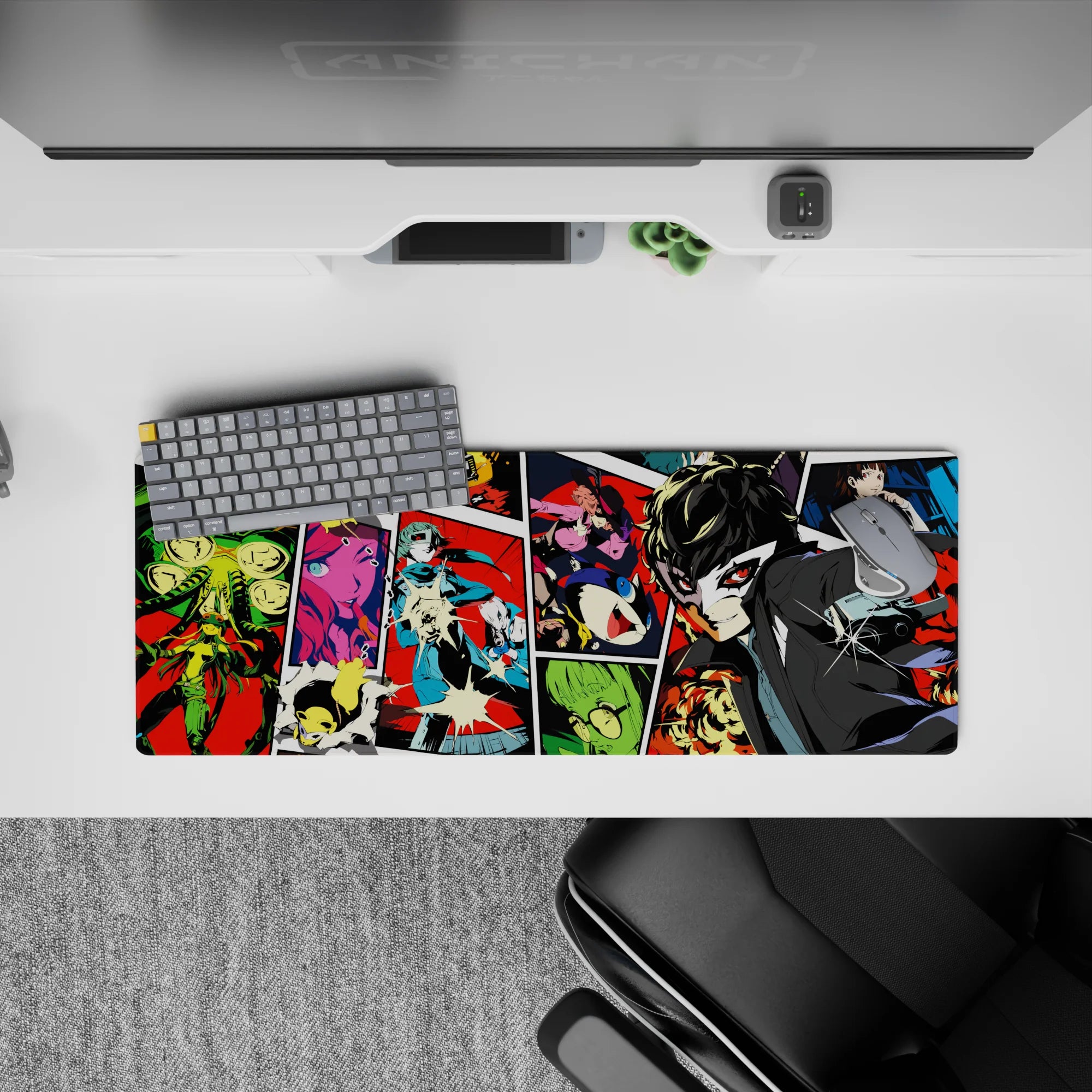 Persona 5 mouse pad 32x12 inches featuring Joker, Mona, and Futaba in vibrant comic-book style with dynamic colors.