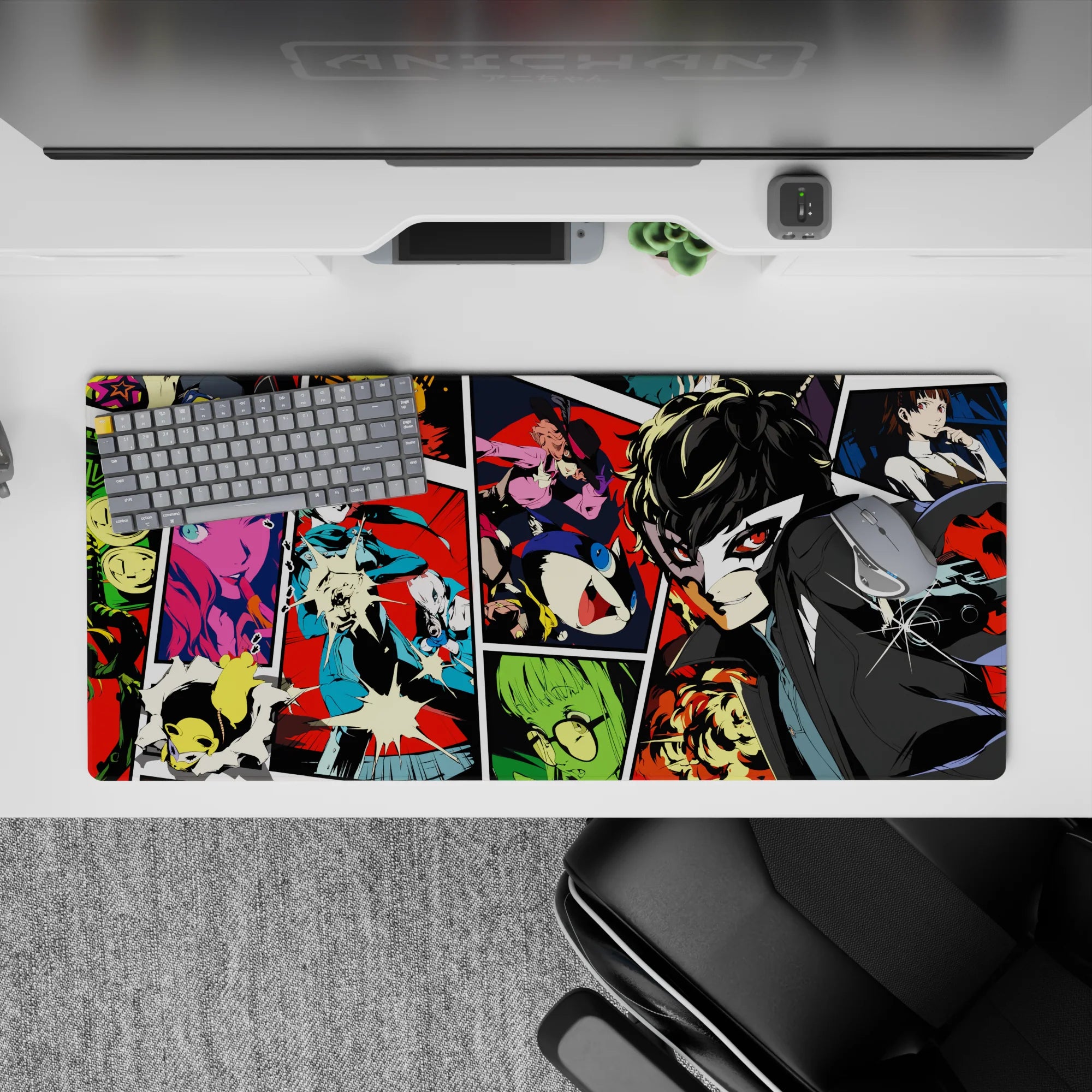 Persona 5 desk pad 36x16 inches featuring Joker and gang in vivid reds and greens, capturing comic-book chaos.