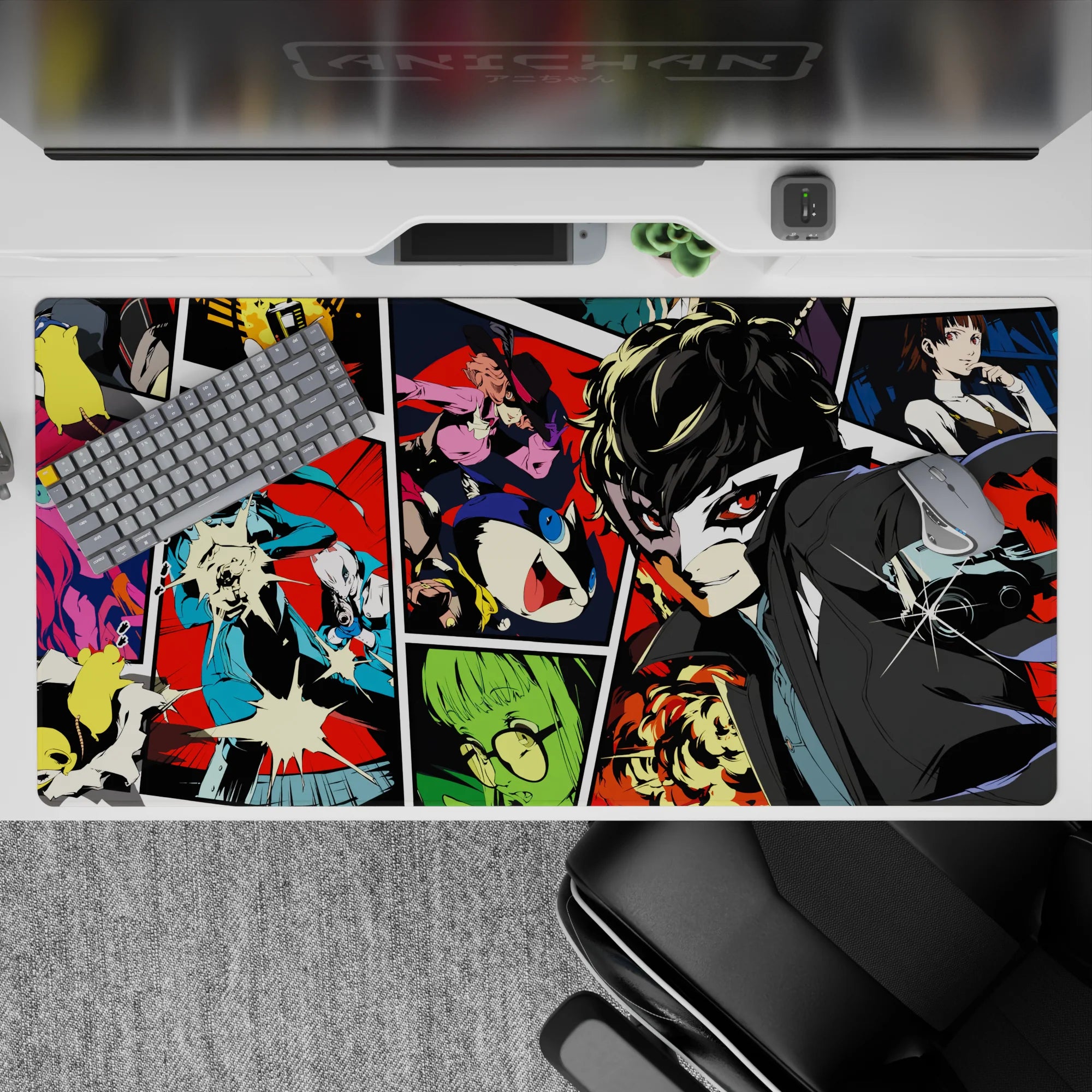 Persona 5 desk pad 40x20 inches featuring Joker, Mona, and Futaba in vibrant comic-book style with bold colors.