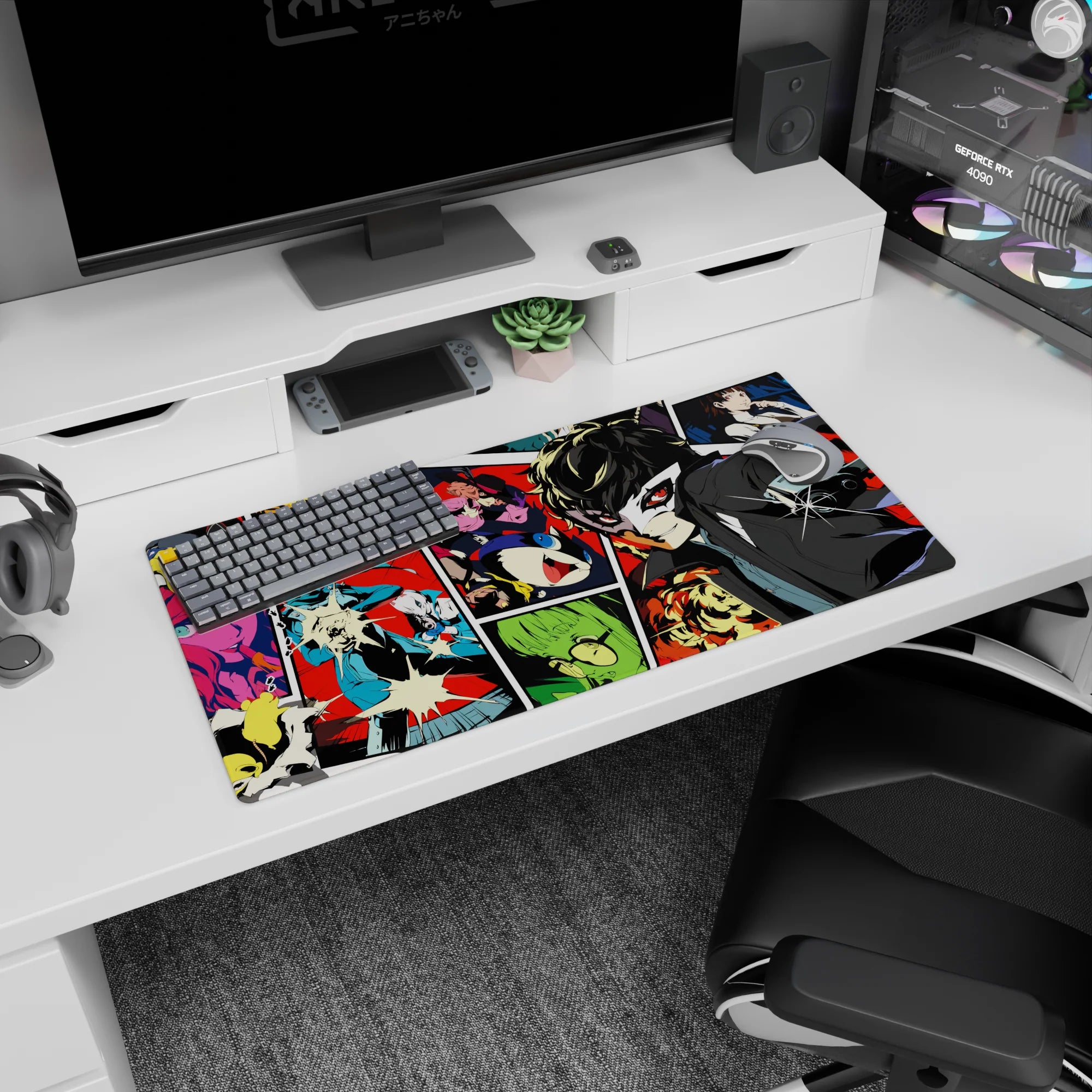 Persona 5 mouse pad 32x16 inches featuring Joker, Mona, and Futaba in vibrant comic-book style with dynamic colors.