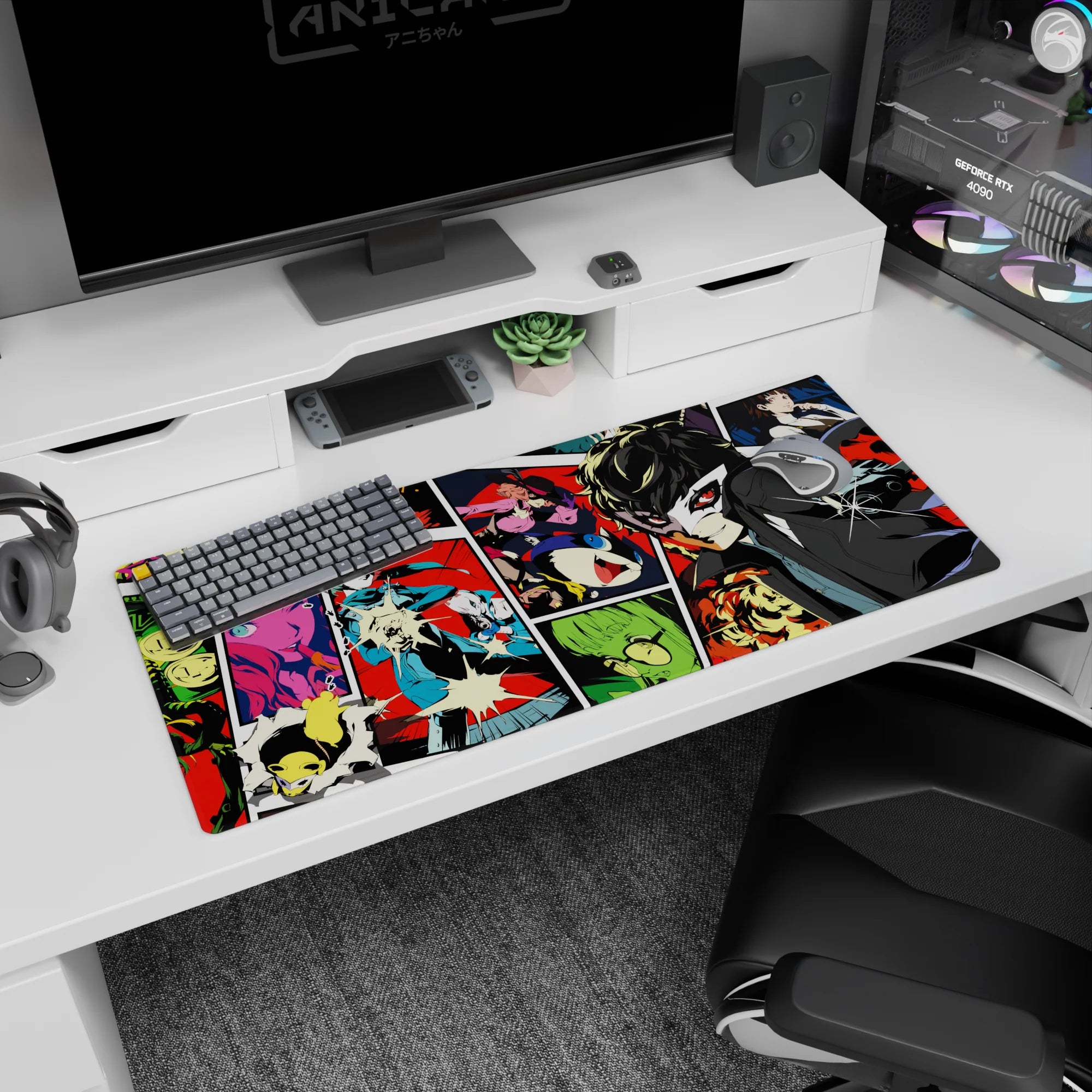Persona 5 desk pad 36x16 inches featuring Joker and the gang with vibrant comic-book colors and dynamic action scenes.
