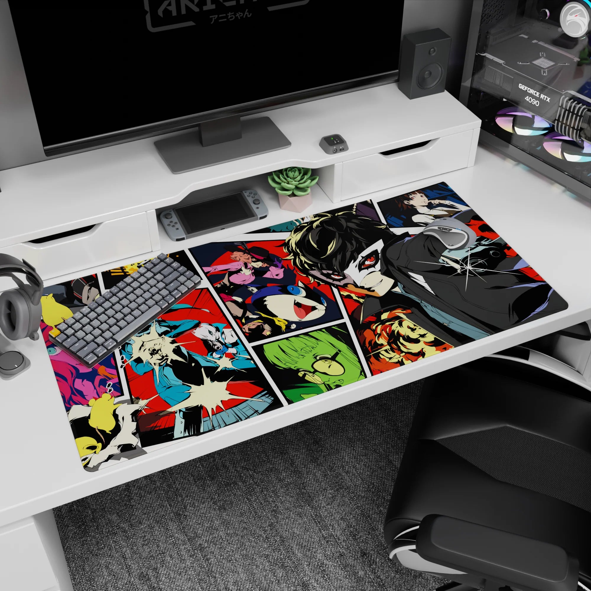 Persona 5 desk pad 40x20 inches featuring Joker, Mona, and Futaba in vibrant comic-book style with neon colors.