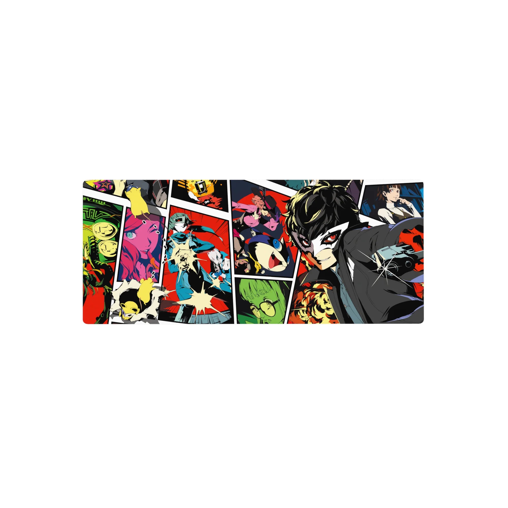 Persona 5 mouse pad, 28x12 inches, featuring Joker, Mona, and Futaba in vibrant comic-book style with dynamic colors.
