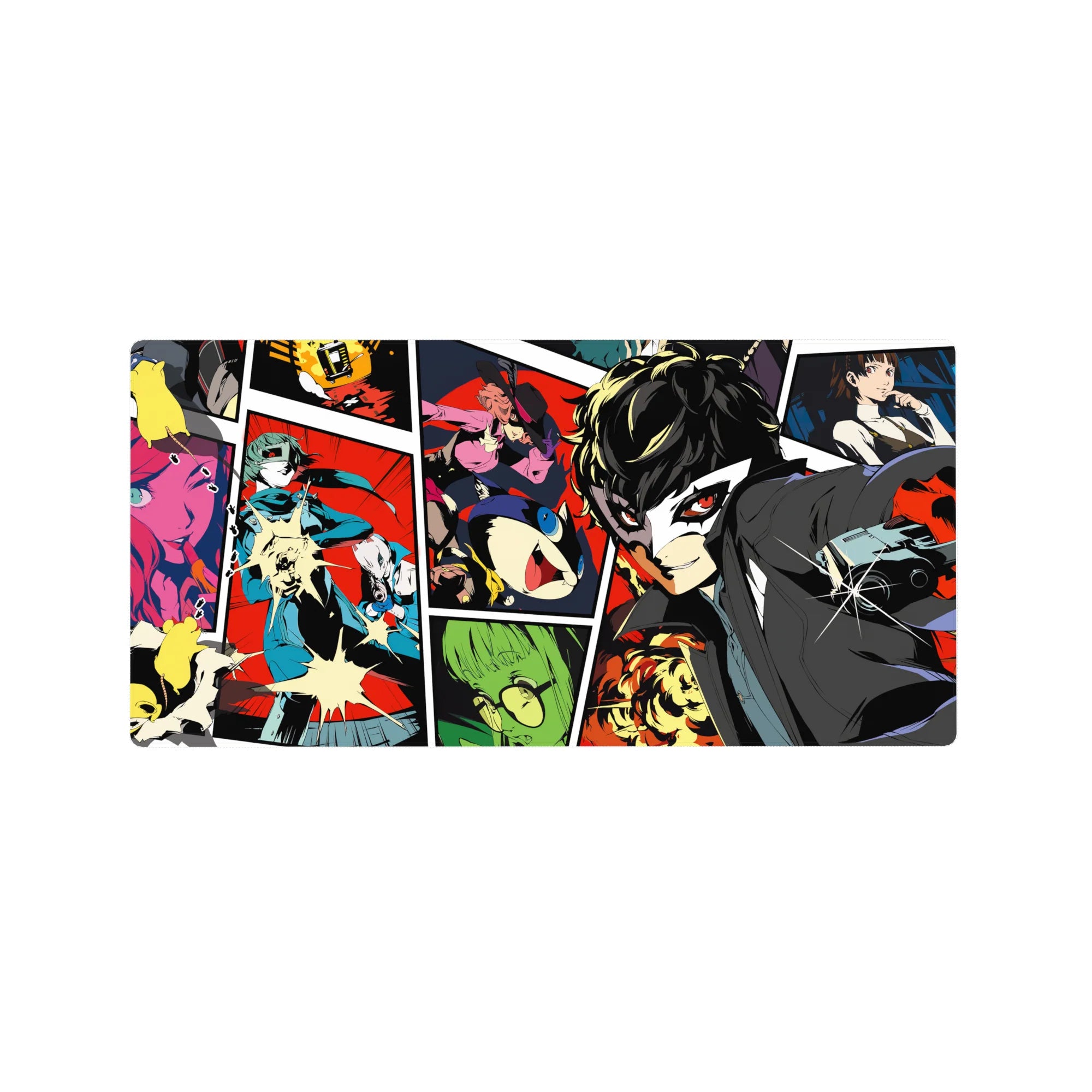 Persona 5 mouse pad, 32x16 inches, featuring Joker and the gang in vibrant comic-book style, perfect for anime fans.