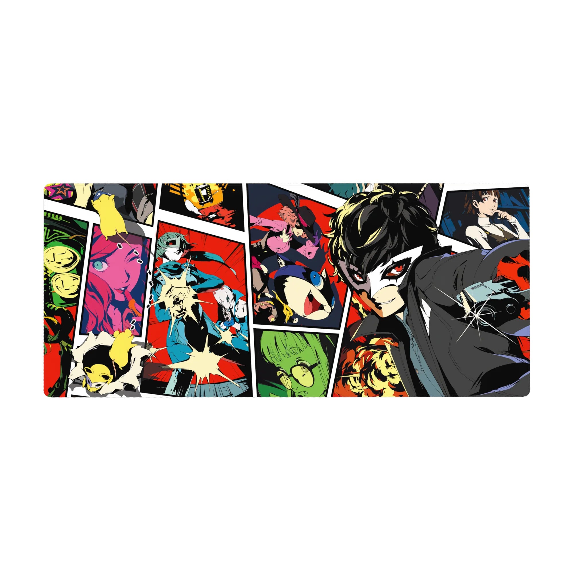 Persona 5 desk pad 36x16 inches featuring Joker, Mona, and Futaba in vibrant comic-book style, bursting with energy.