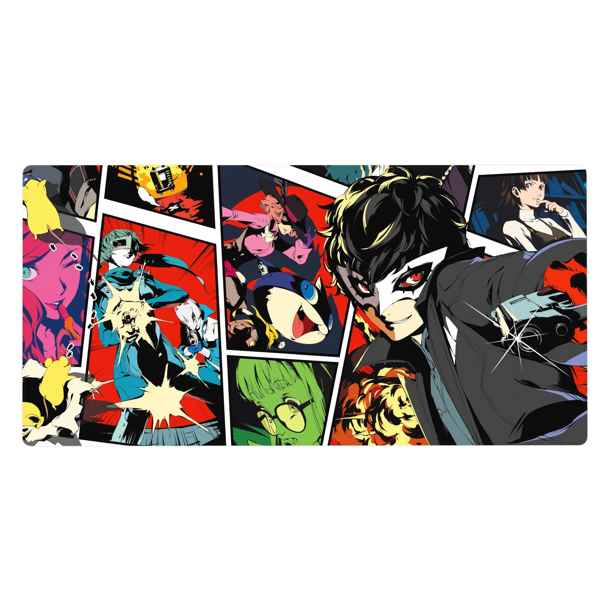Persona 5 desk pad 40x20 inches featuring Joker, Mona, and Futaba in vibrant comic style with bold colors and dynamic action.